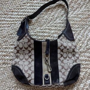 Coach Tan and Black Signature Shoulder Bag